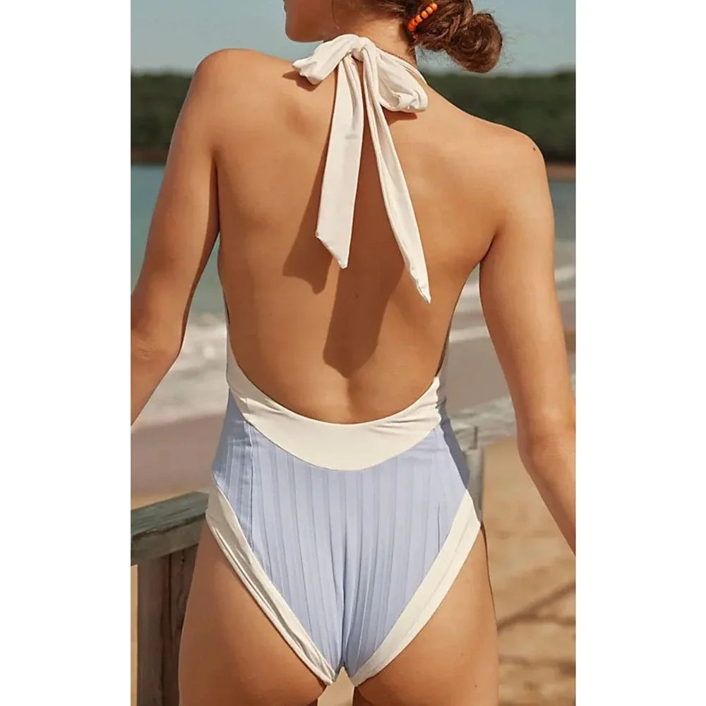 NEW KYA FREE PEOPLE PERIWINKLE VANILLA RIBBED ROSIE ONE PIECE SWIMSUIT SZ M